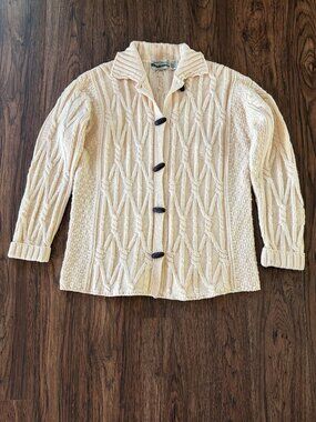 Aran Crafts wool cardigan Large cream cable knit ivory